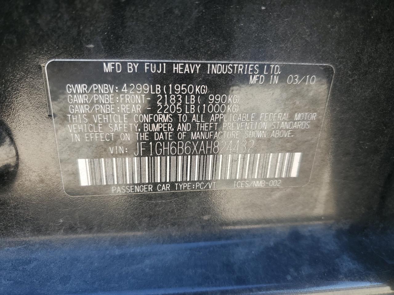 2010 Subaru Impreza 2.5I Premium VIN: JF1GH6B6XAH824432 Lot: 84231005