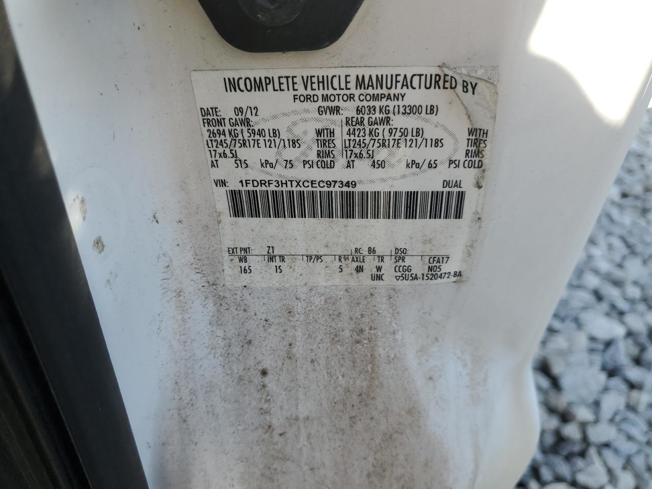 2012 Ford F350 Super Duty VIN: 1FDRF3HTXCEC97349 Lot: 90054925