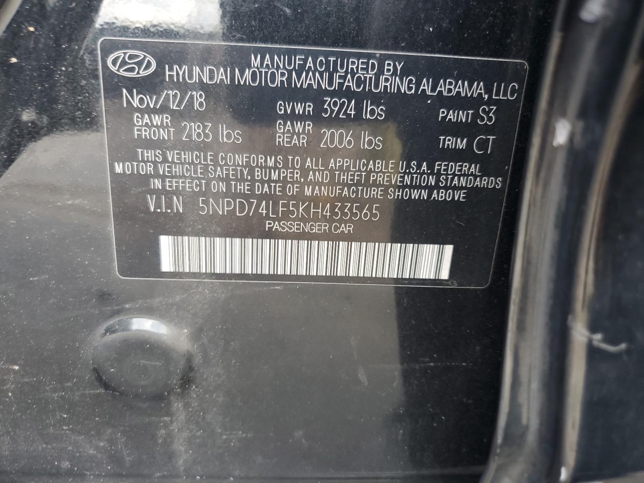 2019 Hyundai Elantra Se VIN: 5NPD74LF5KH433565 Lot: 87221075