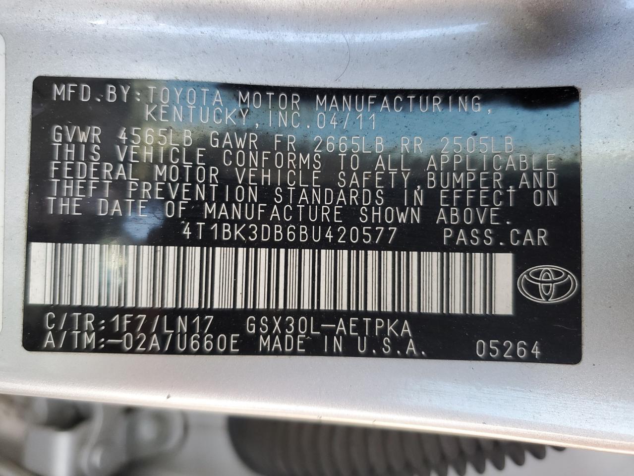 2011 Toyota Avalon Base VIN: 4T1BK3DB6BU420577 Lot: 90346875