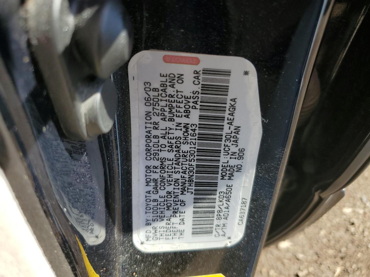 2003 Lexus Ls 430 VIN: JTHBN30F530121643 Lot: 86270455