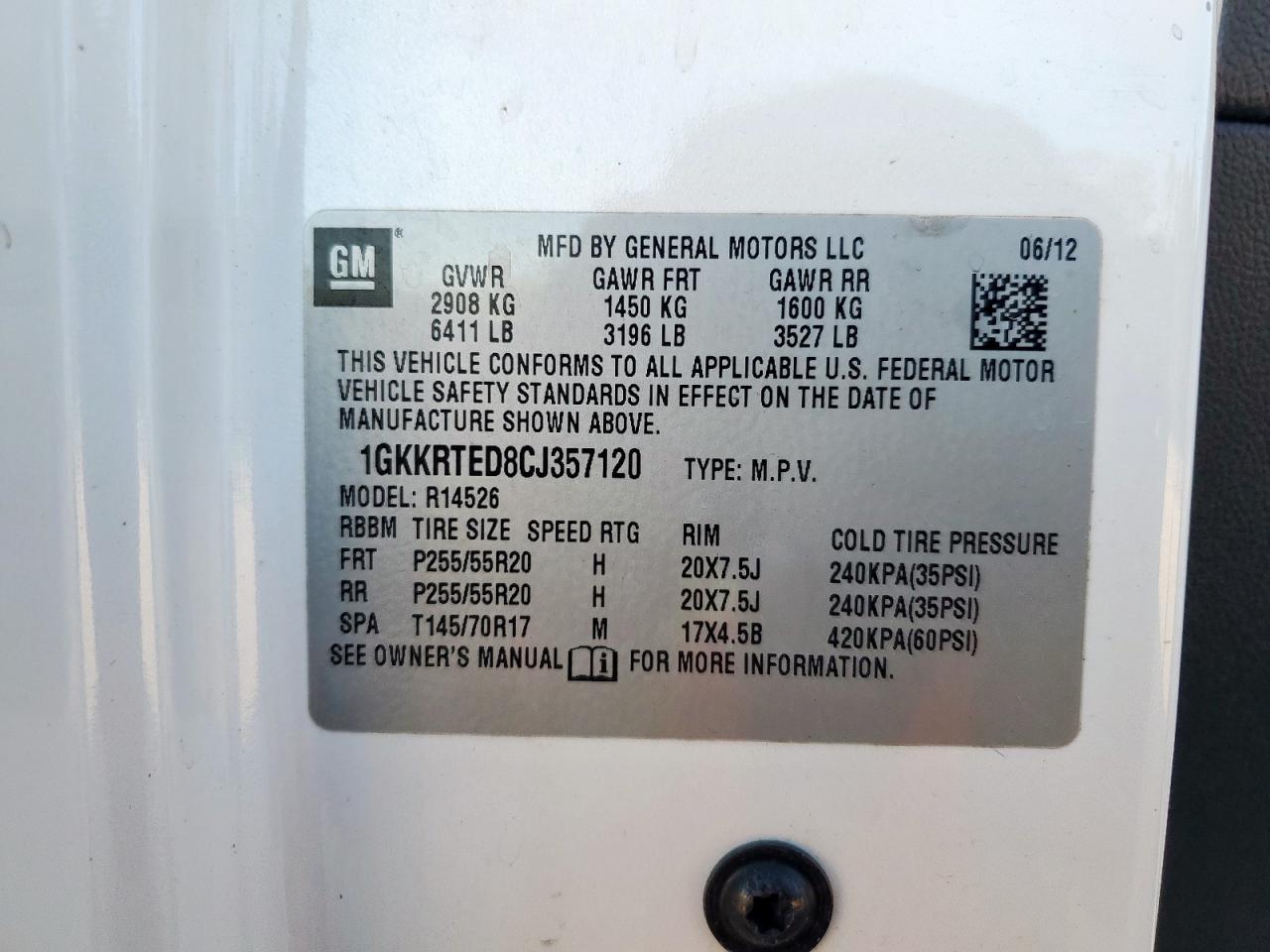 2012 GMC Acadia Denali VIN: 1GKKRTED8CJ357120 Lot: 90381265