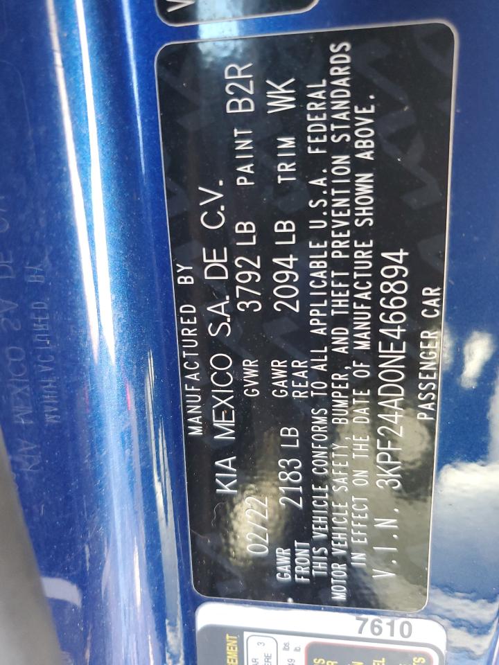 2022 Kia Forte Fe VIN: 3KPF24AD0NE466894 Lot: 86189745