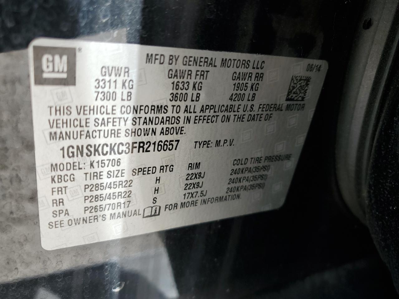 2015 Chevrolet Tahoe K1500 Ltz VIN: 1GNSKCKC3FR216657 Lot: 85706835