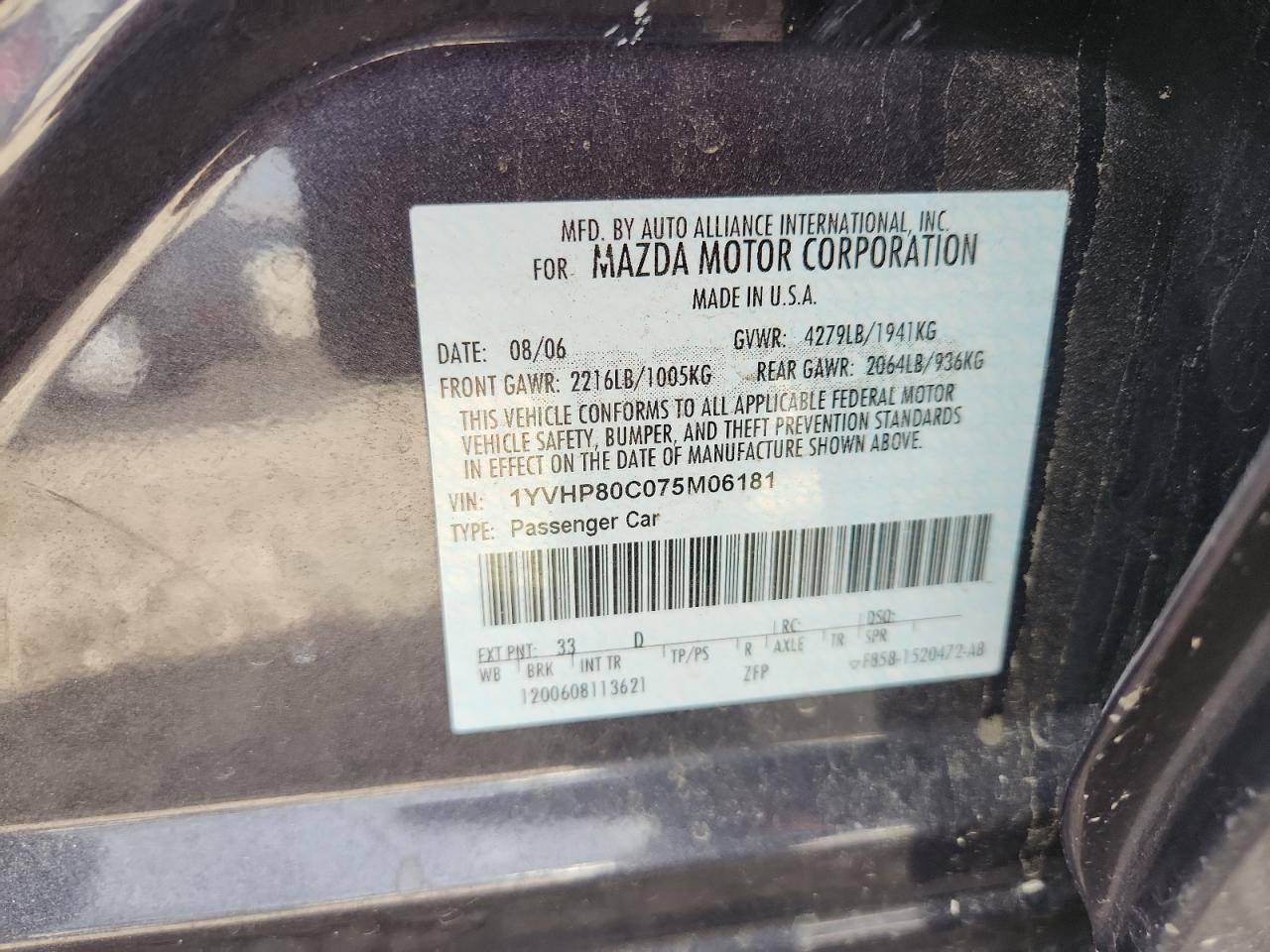 2007 Mazda 6 I VIN: 1YVHP80C075M06181 Lot: 82228505