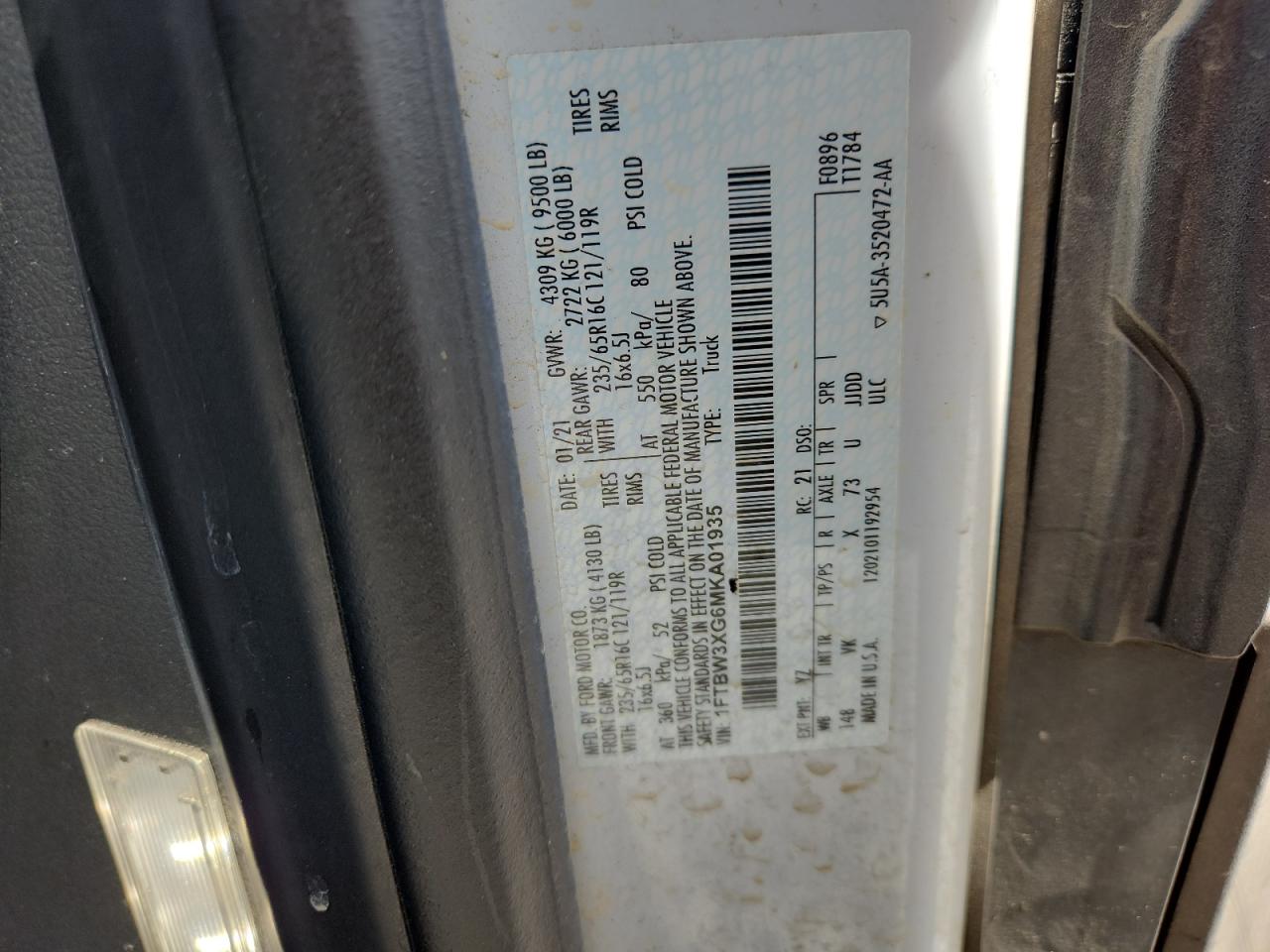 2021 Ford Transit T-350 VIN: 1FTBW3XG6MKA01935 Lot: 87203545