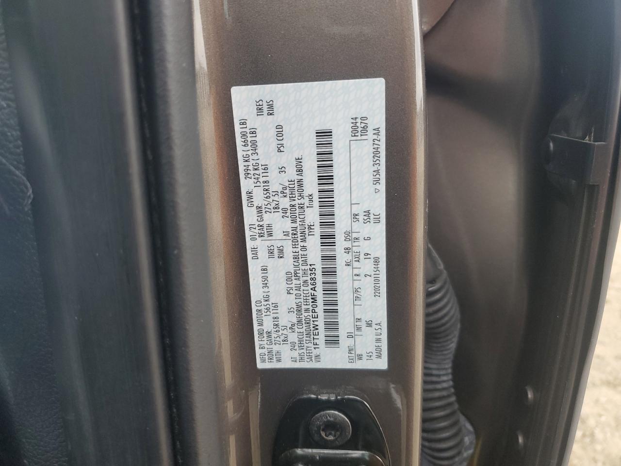 2021 Ford F150 Supercrew VIN: 1FTEW1EP0MFA68351 Lot: 82724615