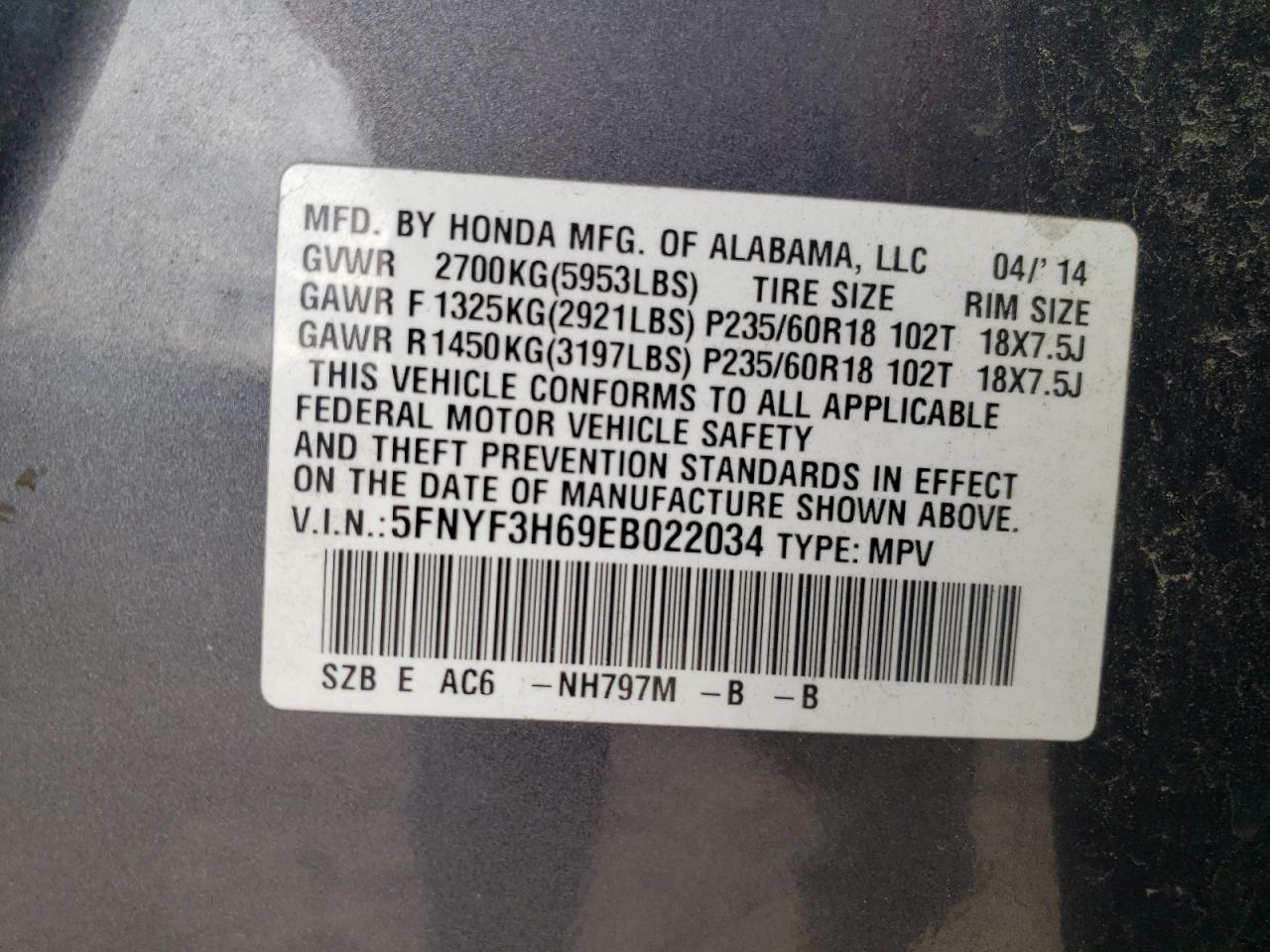 2014 Honda Pilot Exl VIN: 5FNYF3H69EB022034 Lot: 85950135