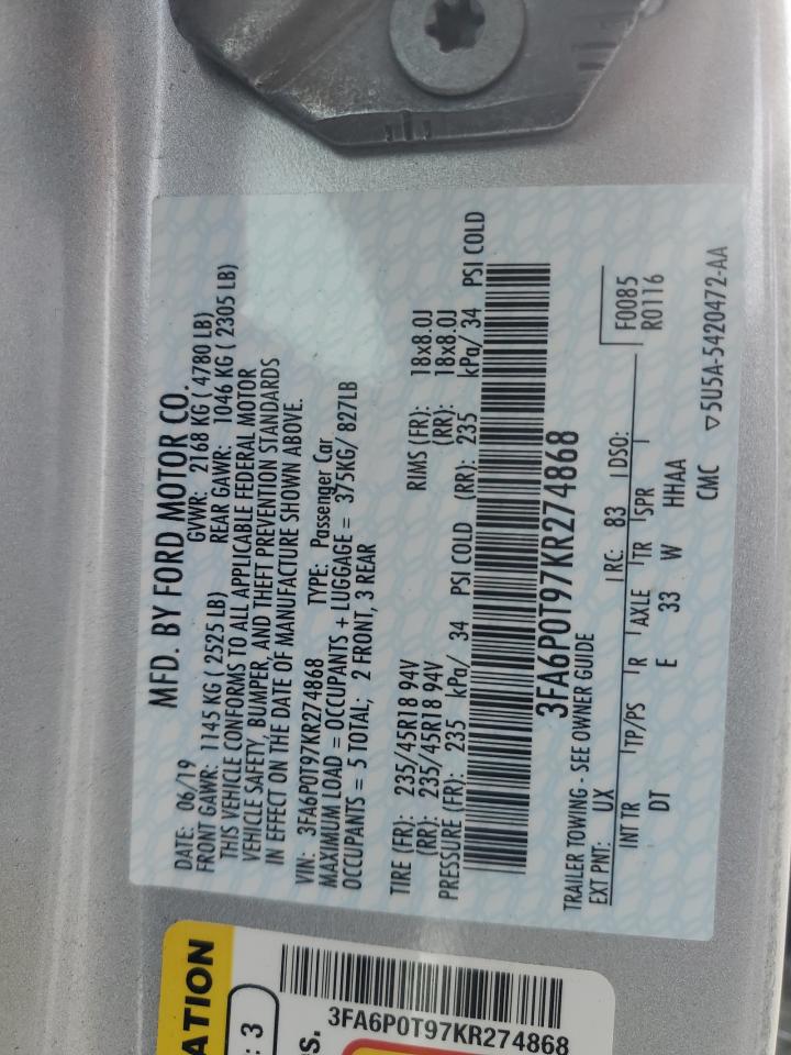 2019 Ford Fusion Se VIN: 3FA6P0T97KR274868 Lot: 90091035
