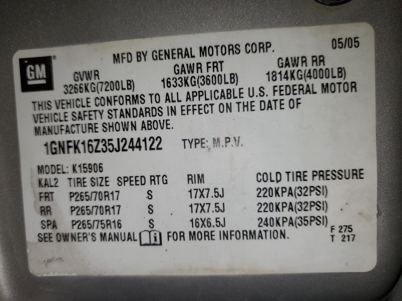 2005 Chevrolet Suburban K1500 VIN: 1GNFK16Z35J244122 Lot: 85821045