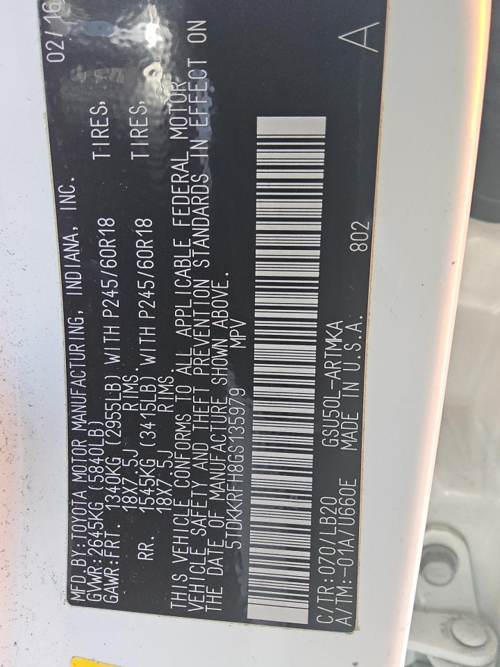 2016 Toyota Highlander Xle VIN: 5TDKKRFH8GS135979 Lot: 87215845