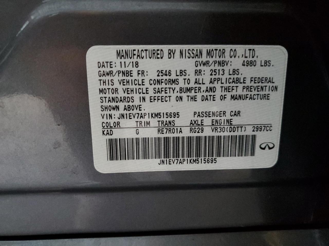 2019 Infiniti Q50 Luxe VIN: JN1EV7AP1KM515695 Lot: 87463035