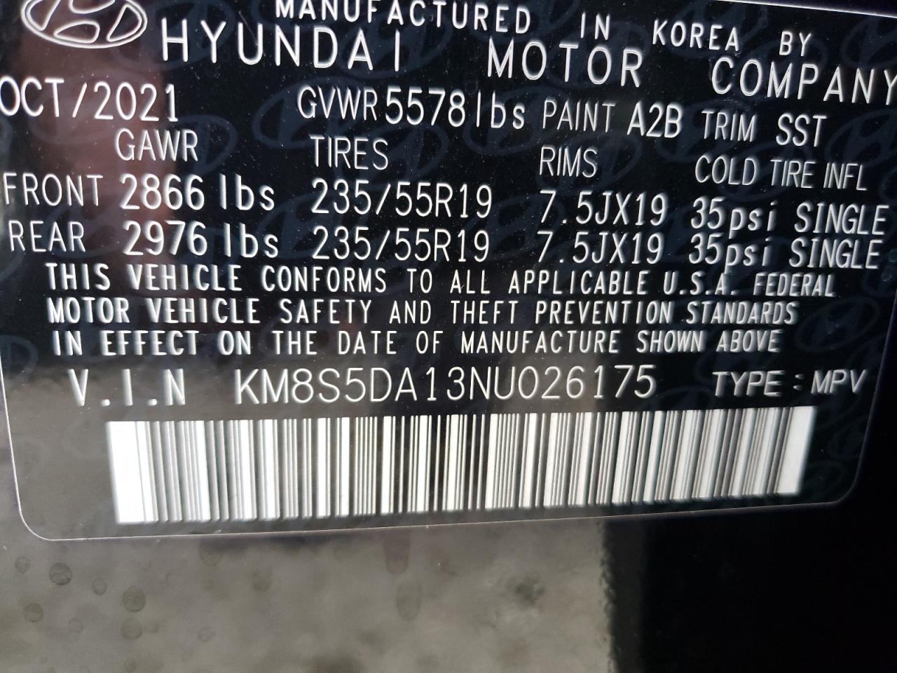 2022 Hyundai Santa Fe Limited VIN: KM8S5DA13NU026175 Lot: 86529605