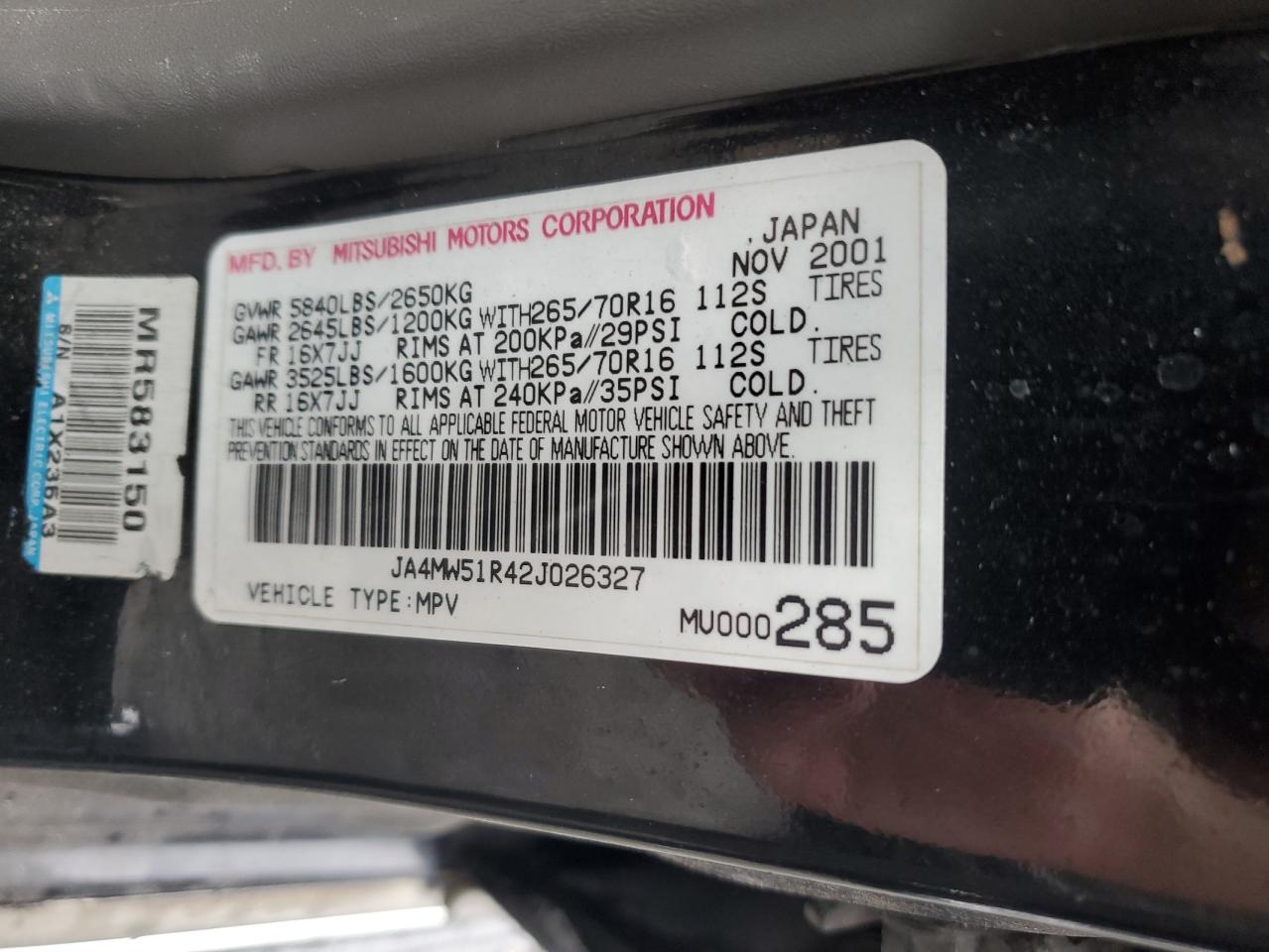 2002 Mitsubishi Montero Limited VIN: JA4MW51R42J026327 Lot: 87022265