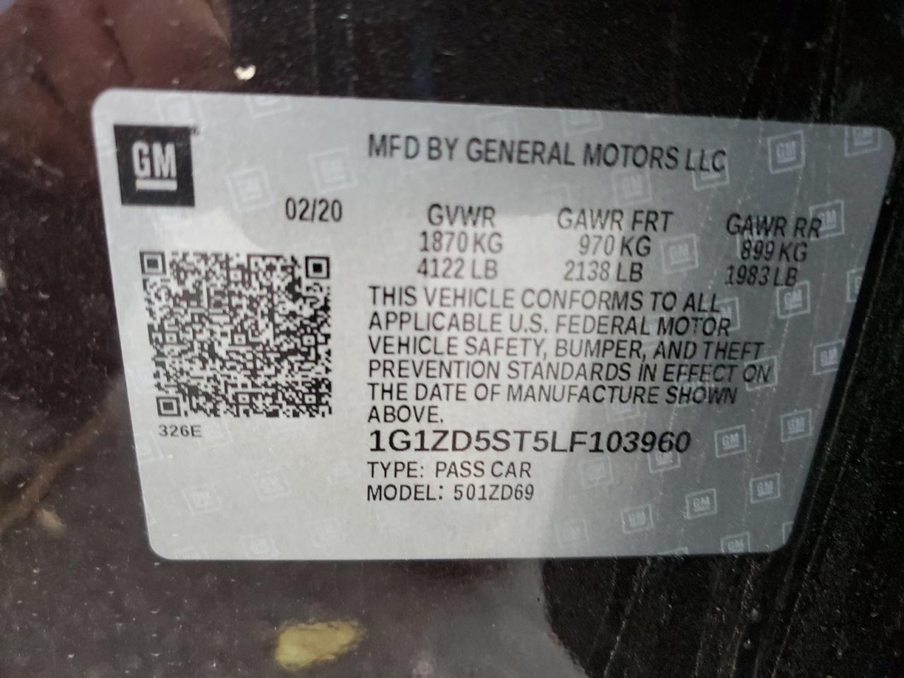 2020 Chevrolet Malibu Lt VIN: 1G1ZD5ST5LF103960 Lot: 85301025