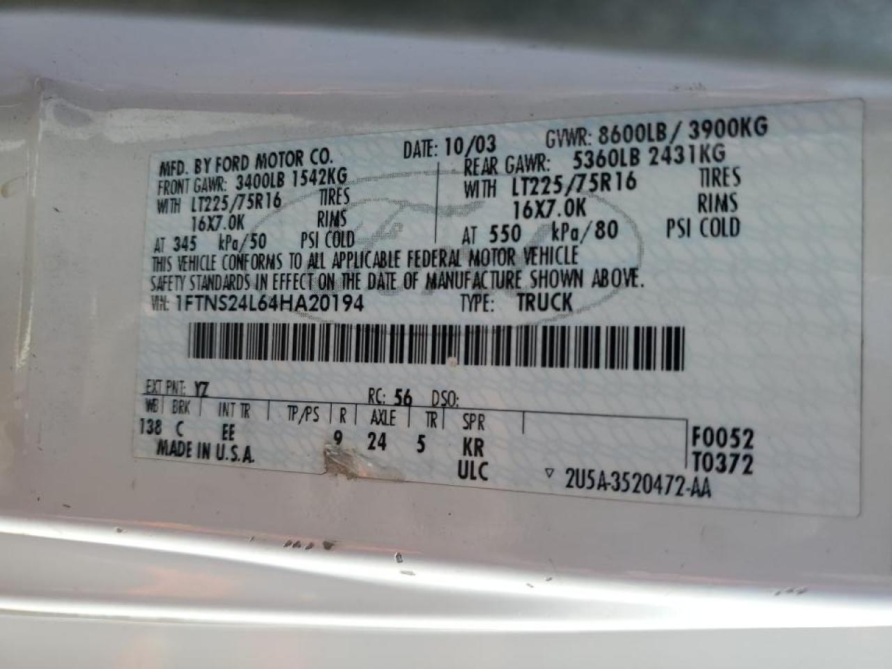 2004 Ford E250 Delivery Van VIN: 1FTNS24L64HA20194 Lot: 87275405