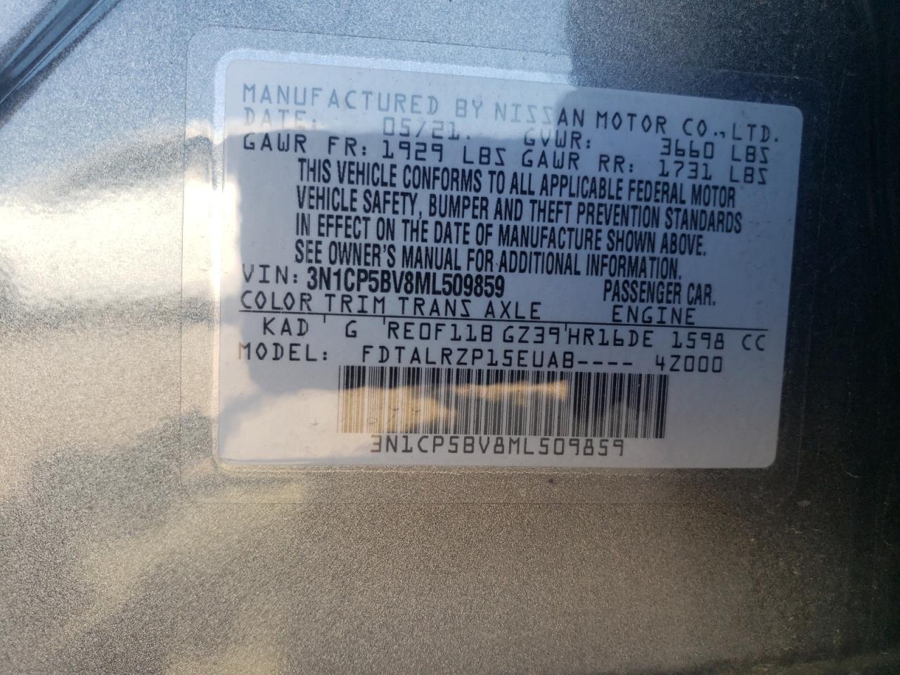 2021 Nissan Kicks S VIN: 3N1CP5BV8ML509859 Lot: 86605625