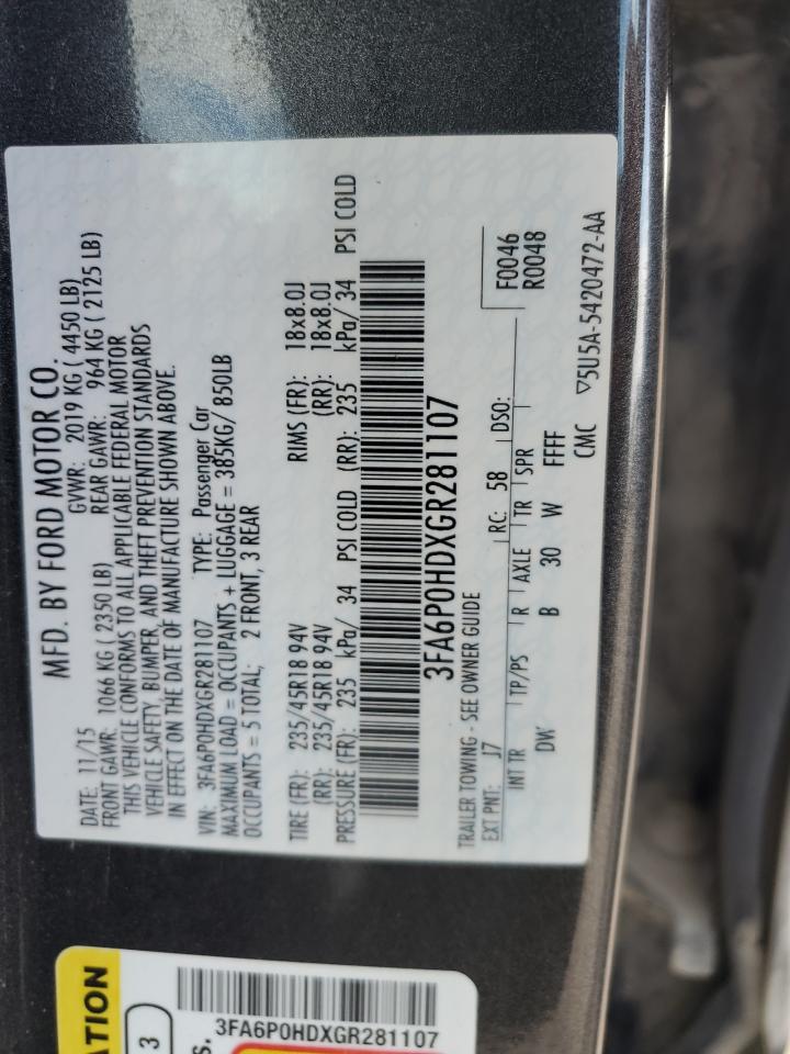 2016 Ford Fusion Se VIN: 3FA6P0HDXGR281107 Lot: 86823635