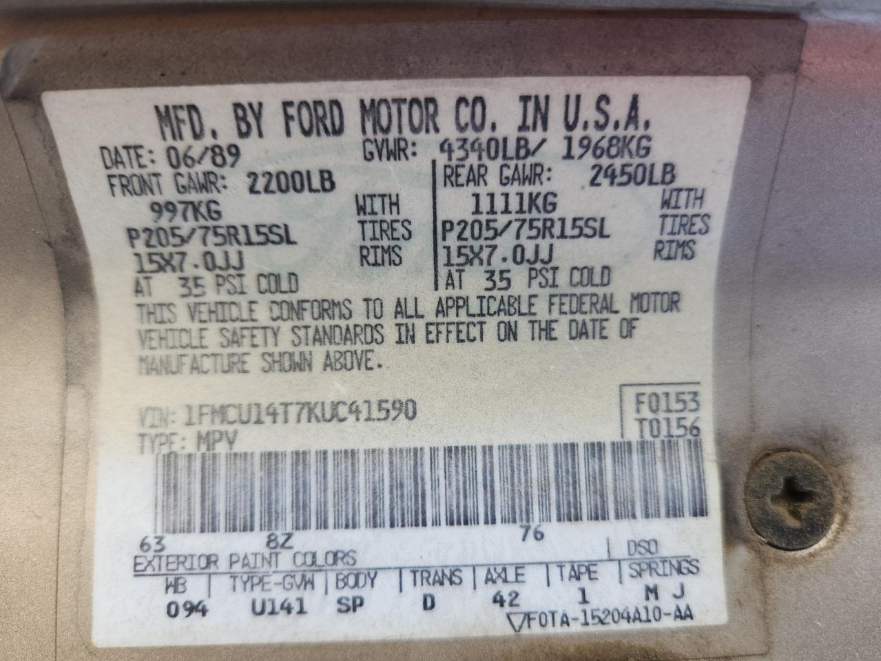 1989 Ford Bronco Ii VIN: 1FMCU14T7KUC41590 Lot: 90844725