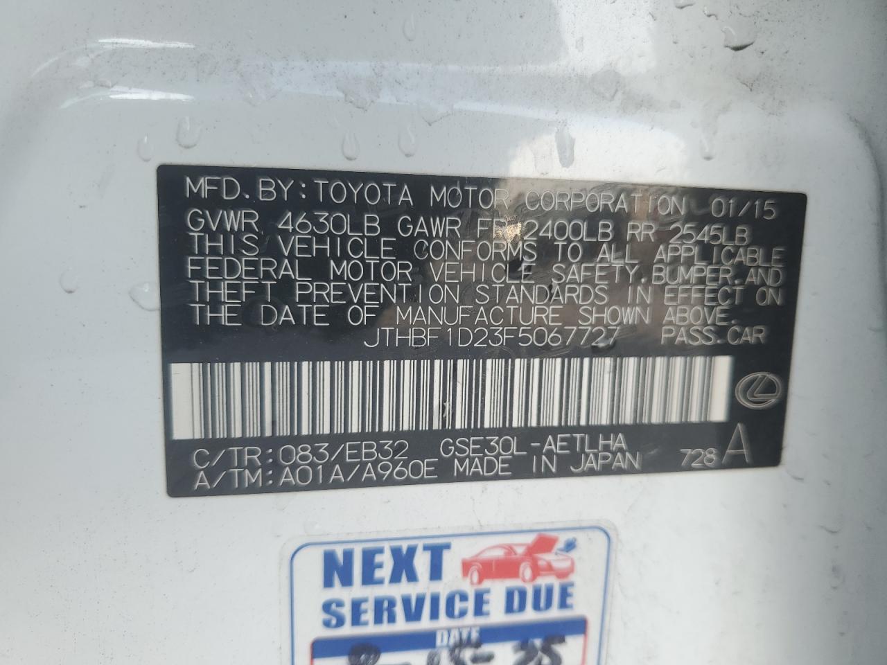 2015 Lexus Is 250 VIN: JTHBF1D23F5067727 Lot: 89698215