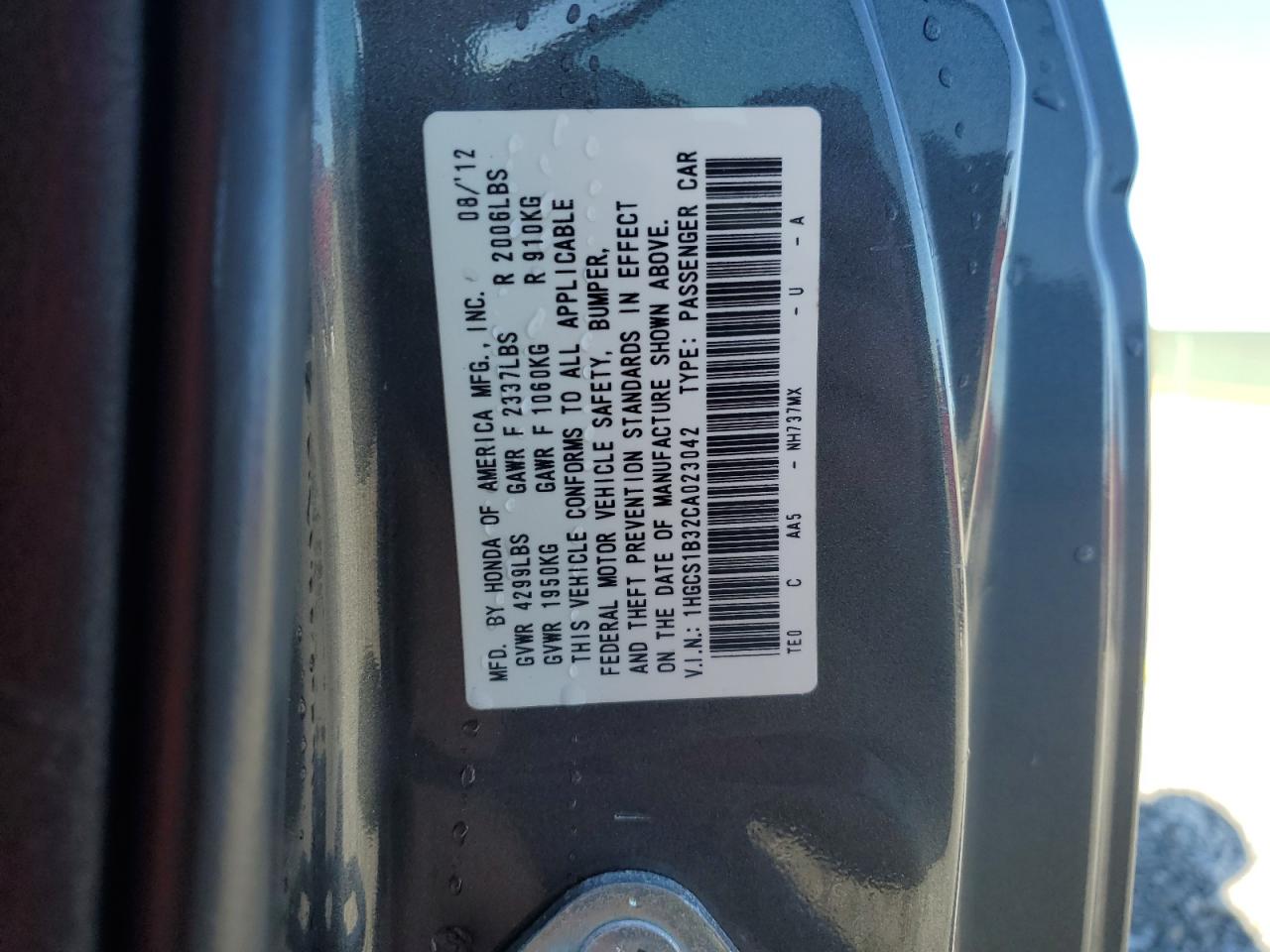 2012 Honda Accord Lx VIN: 1HGCS1B32CA023042 Lot: 86276255