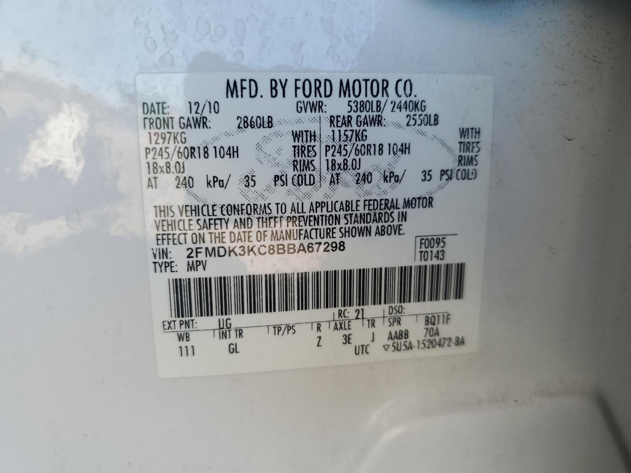 2011 Ford Edge Limited VIN: 2FMDK3KC8BBA67298 Lot: 84974205