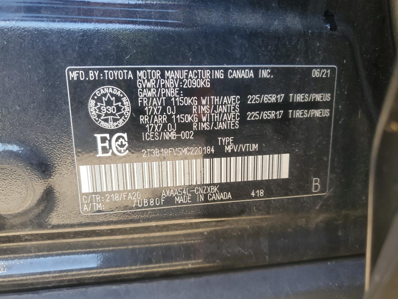 2021 Toyota Rav4 Le VIN: 2T3B1RFV5MC220184 Lot: 85166375