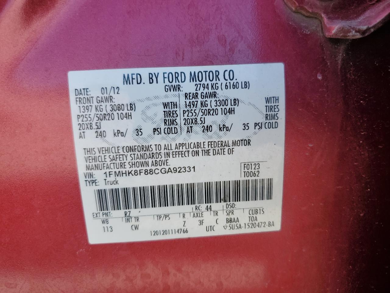 2012 Ford Explorer Limited VIN: 1FMHK8F88CGA92331 Lot: 82357145