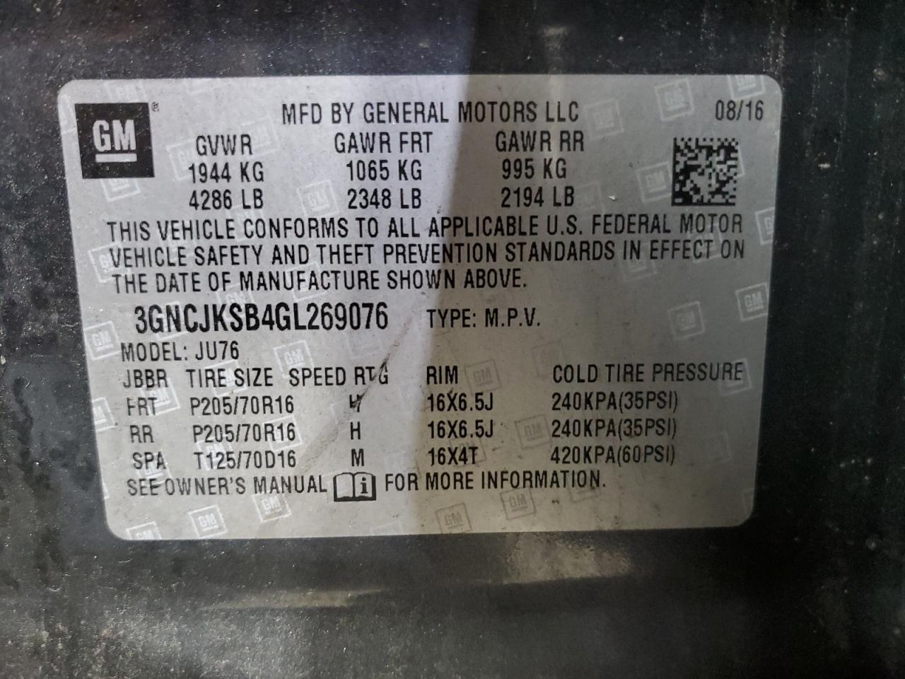 2016 Chevrolet Trax Ls VIN: 3GNCJKSB4GL269076 Lot: 89857475