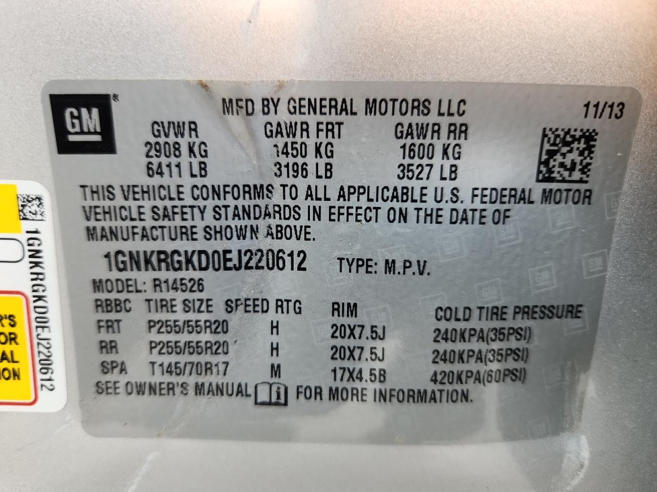2014 Chevrolet Traverse Lt VIN: 1GNKRGKD0EJ220612 Lot: 87012605