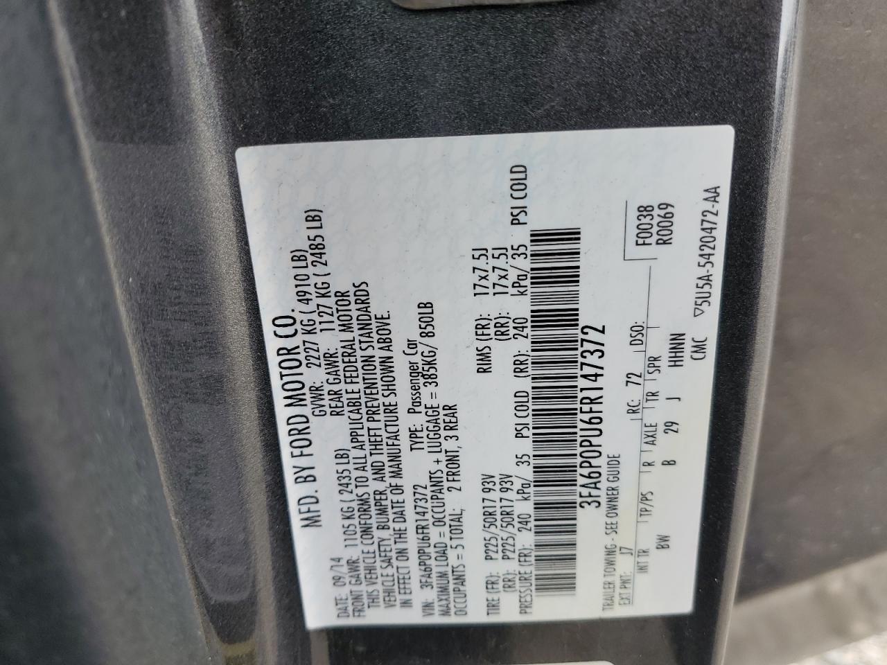 2015 Ford Fusion Se Phev VIN: 3FA6P0PU6FR147372 Lot: 85653125