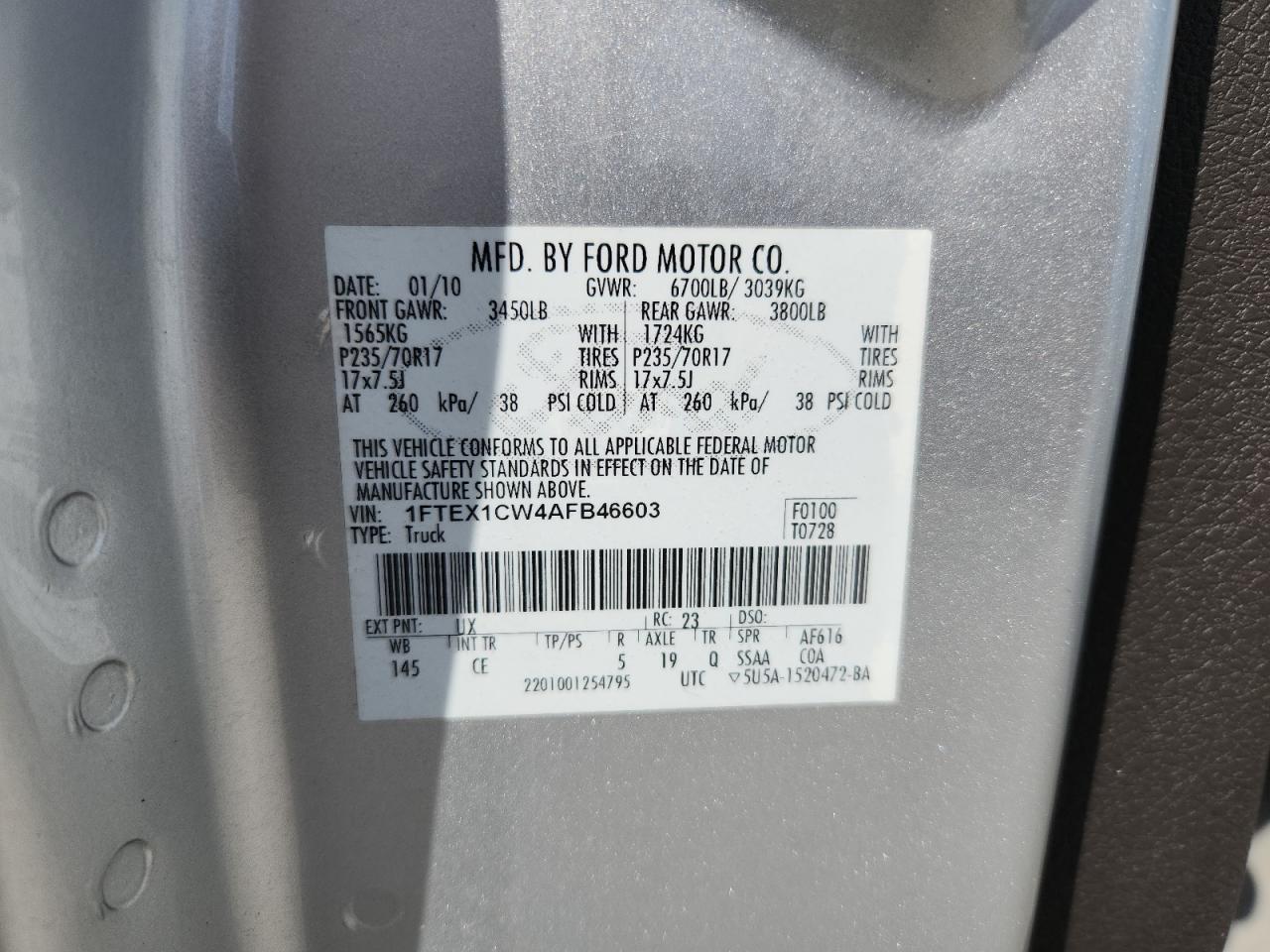 2010 Ford F150 Super Cab VIN: 1FTEX1CW4AFB46603 Lot: 82397465