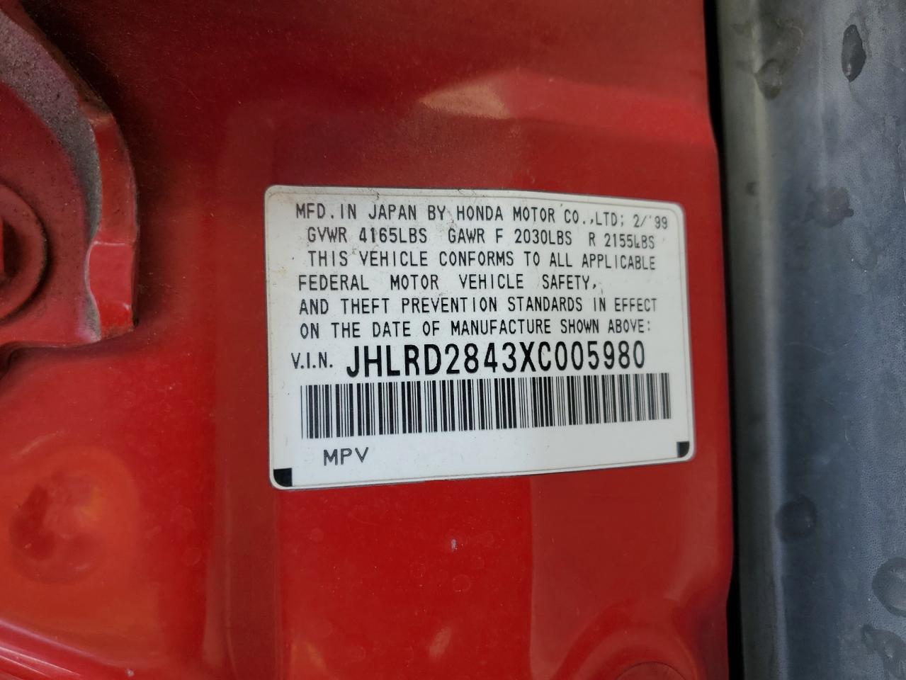 1999 Honda Cr-V VIN: JHLRD2843XC005980 Lot: 82386975