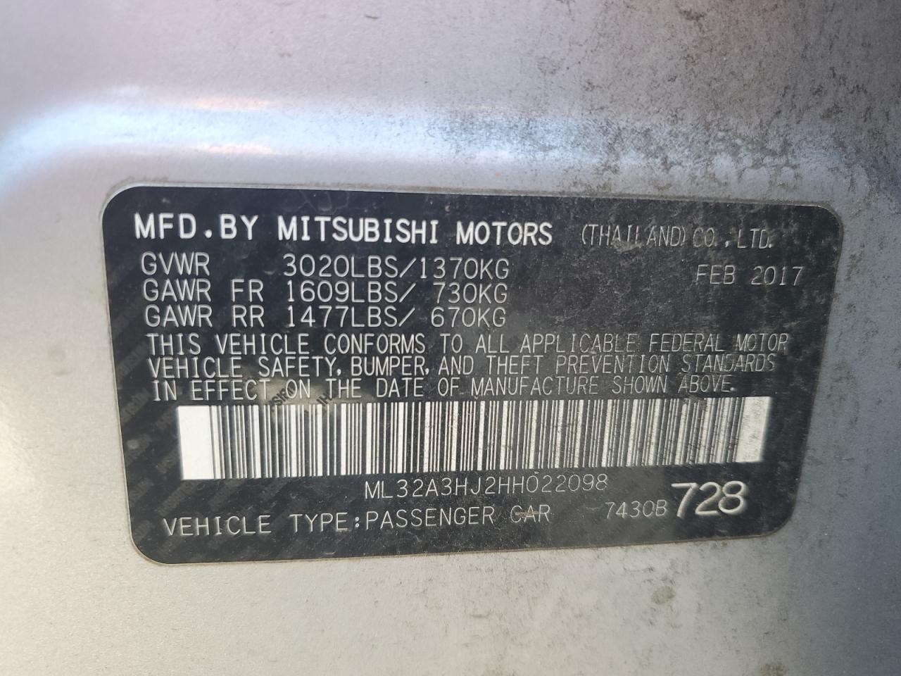 2017 Mitsubishi Mirage Es VIN: ML32A3HJ2HH022098 Lot: 85897045