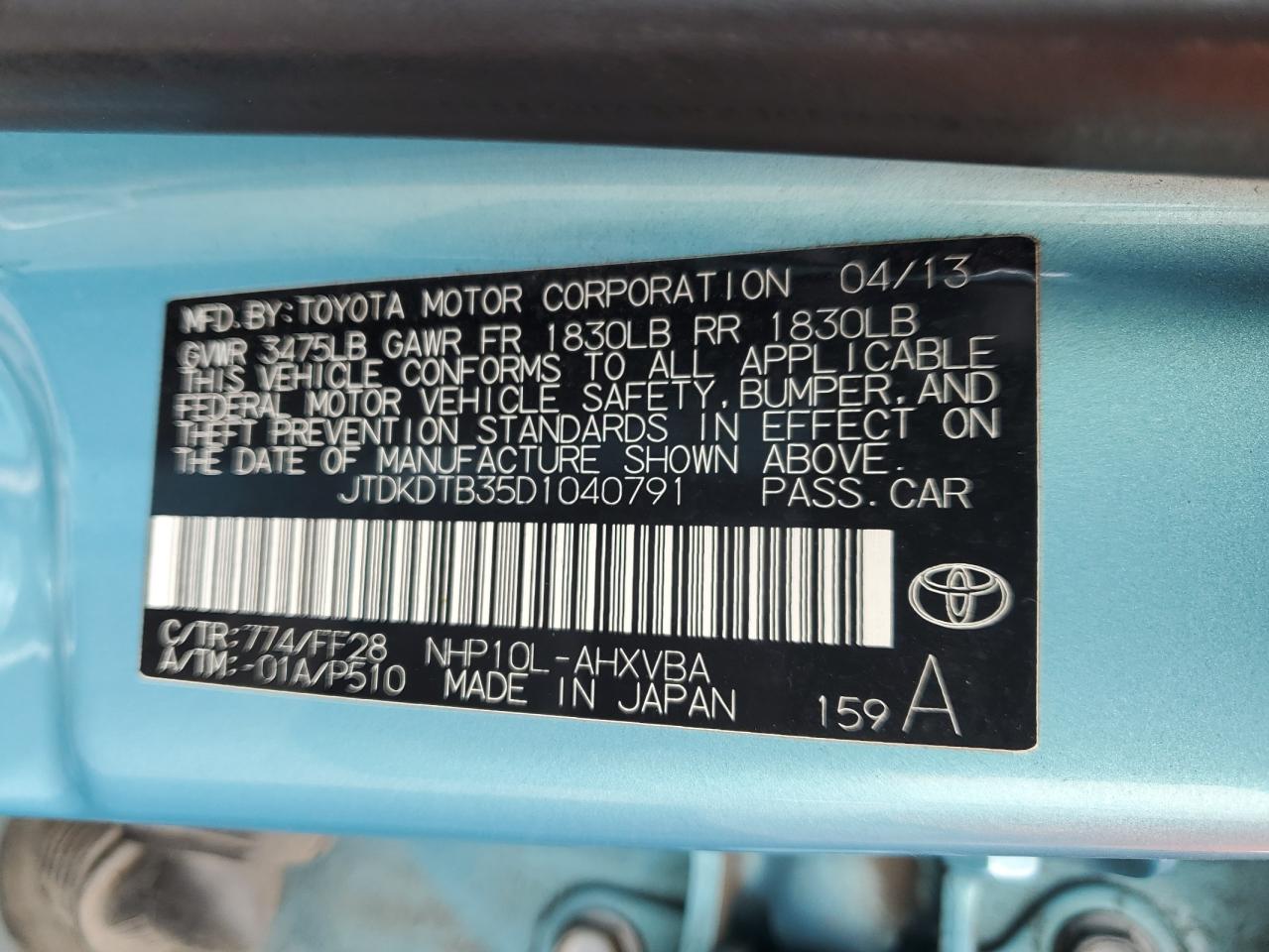 2013 Toyota Prius C VIN: JTDKDTB35D1040791 Lot: 85002865