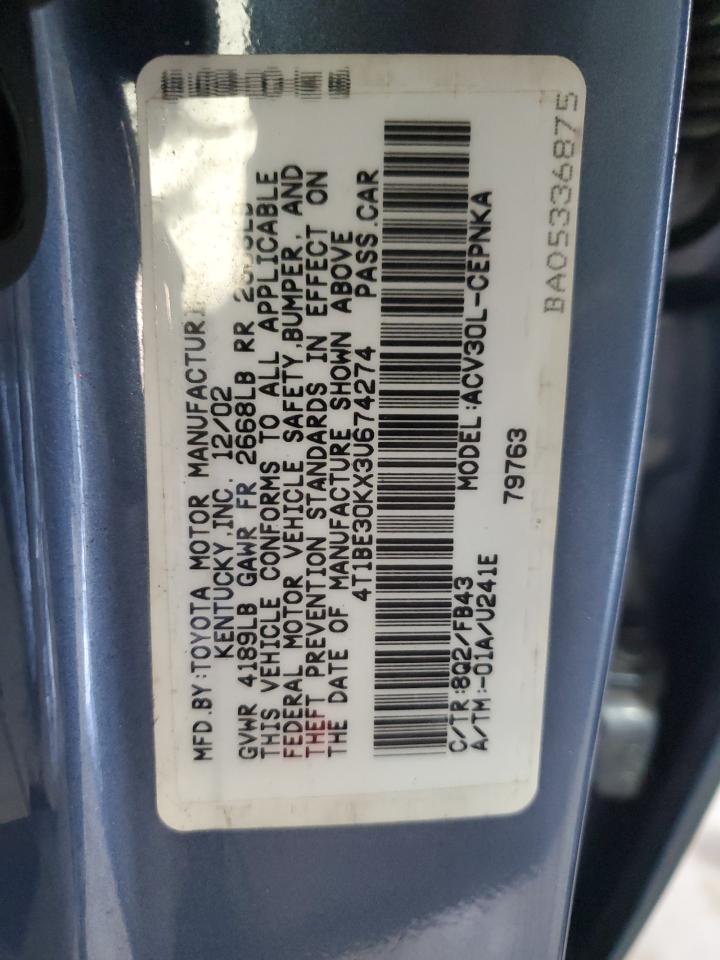 2003 Toyota Camry Le VIN: 4T1BE30KX3U674274 Lot: 85500765