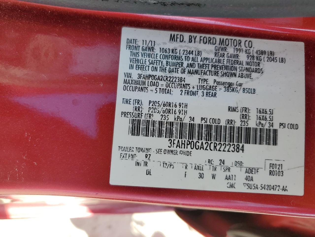 2012 Ford Fusion S VIN: 3FAHP0GA2CR222384 Lot: 84360915