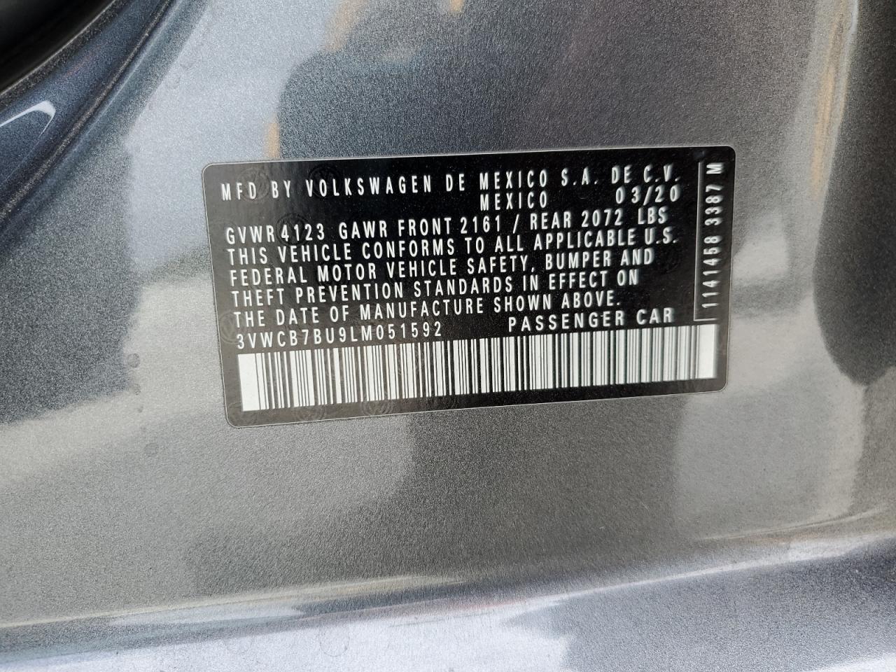 2020 Volkswagen Jetta S VIN: 3VWCB7BU9LM051592 Lot: 85305715
