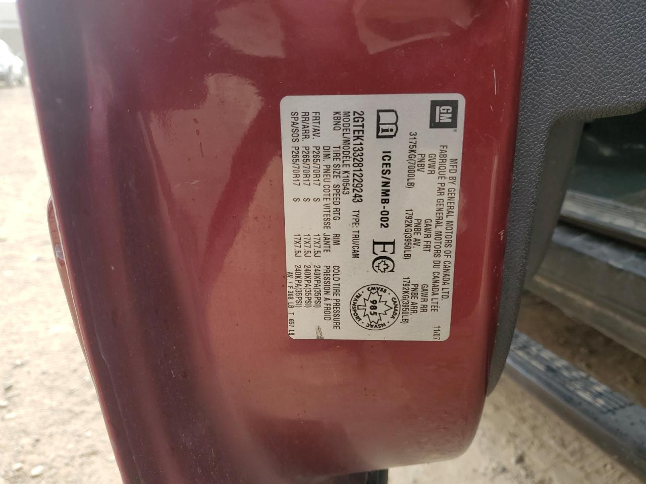 2008 GMC Sierra K1500 VIN: 2GTEK133281229243 Lot: 91069235