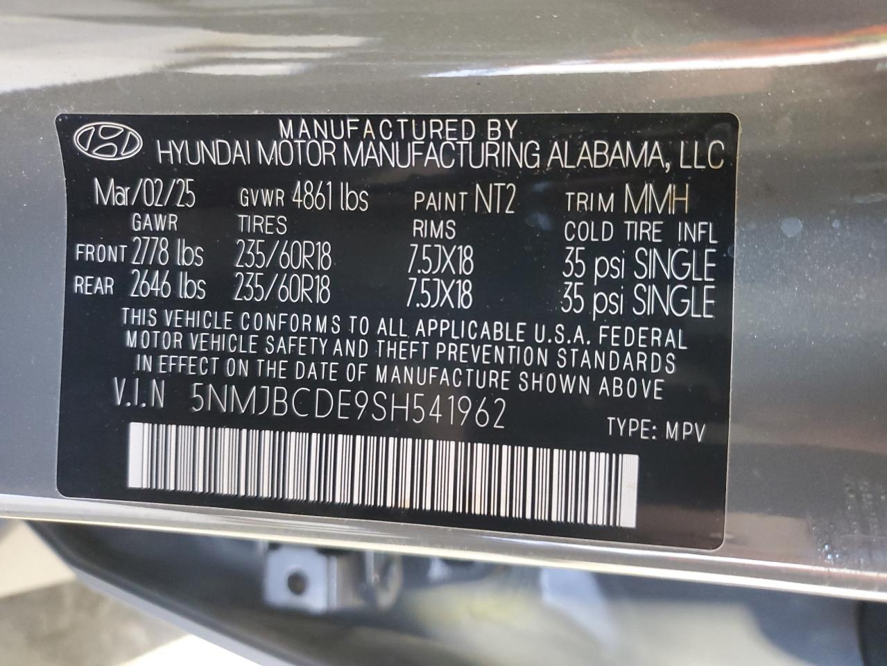 2025 Hyundai Tucson Sel VIN: 5NMJBCDE9SH541962 Lot: 85715855