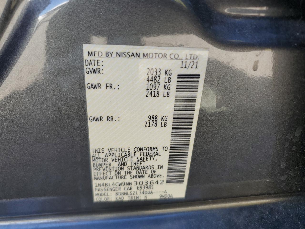 2022 Nissan Altima Sr VIN: 1N4BL4CW9NN303642 Lot: 82361135