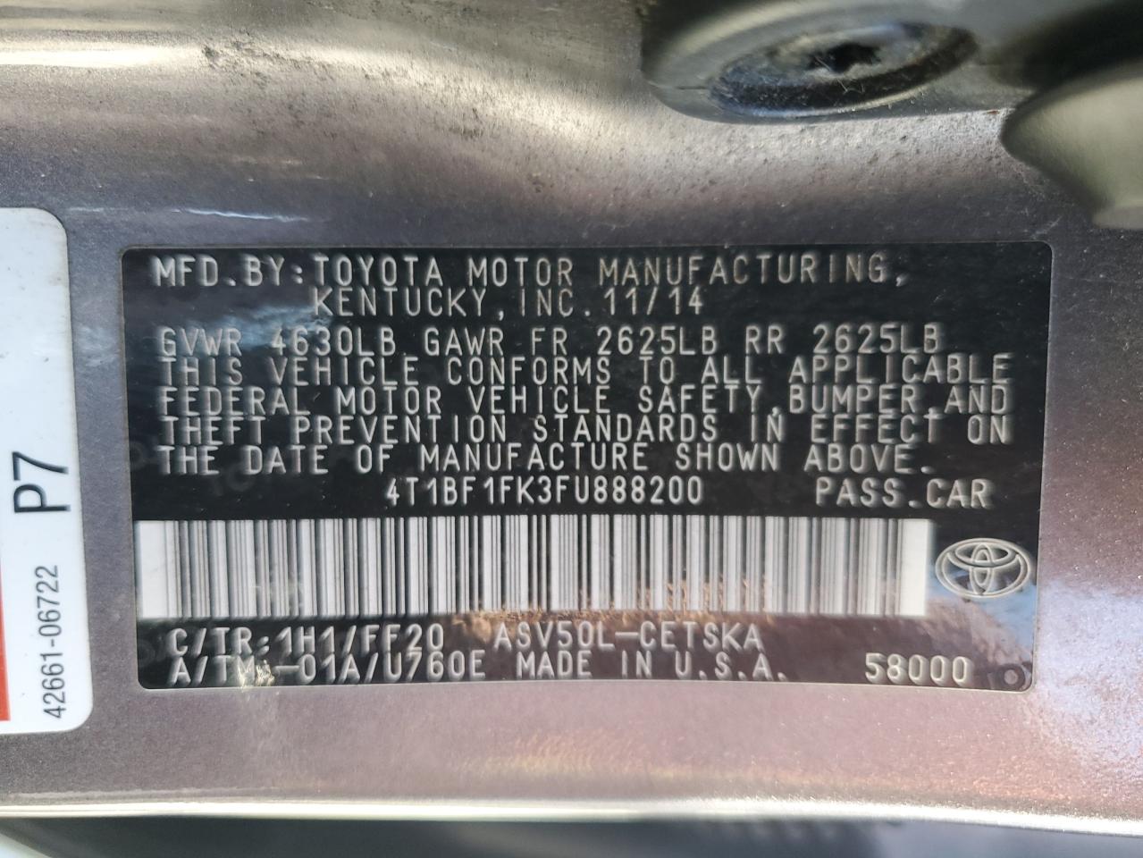 2015 Toyota Camry Le VIN: 4T1BF1FK3FU888200 Lot: 82270175