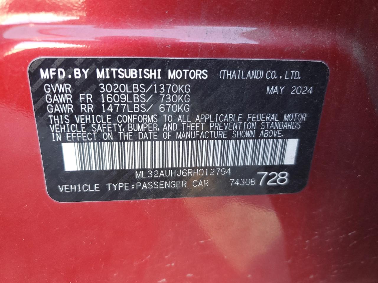 2024 Mitsubishi Mirage Es VIN: ML32AUHJ6RH012794 Lot: 87295885