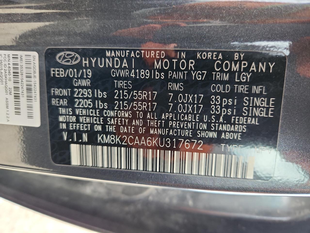 2019 Hyundai Kona Sel VIN: KM8K2CAA6KU317672 Lot: 86118145