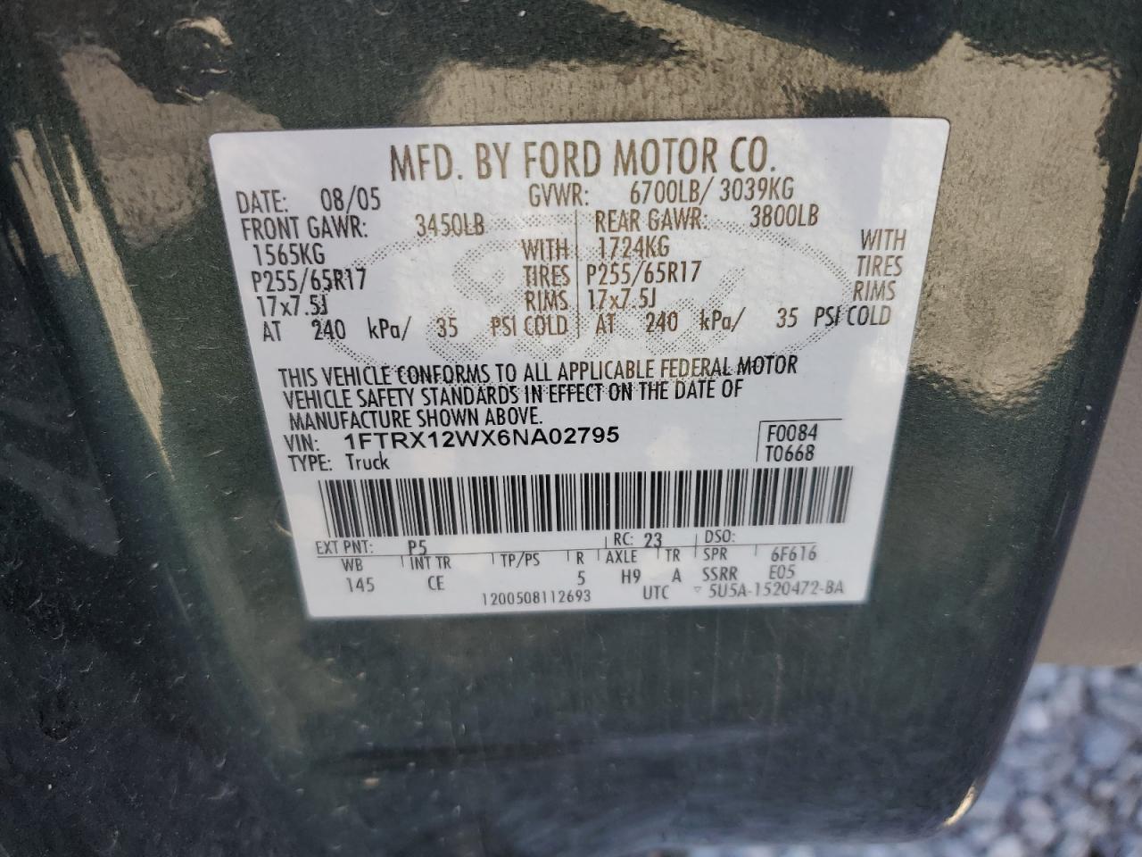 2006 Ford F150 VIN: 1FTRX12WX6NA02795 Lot: 85947445