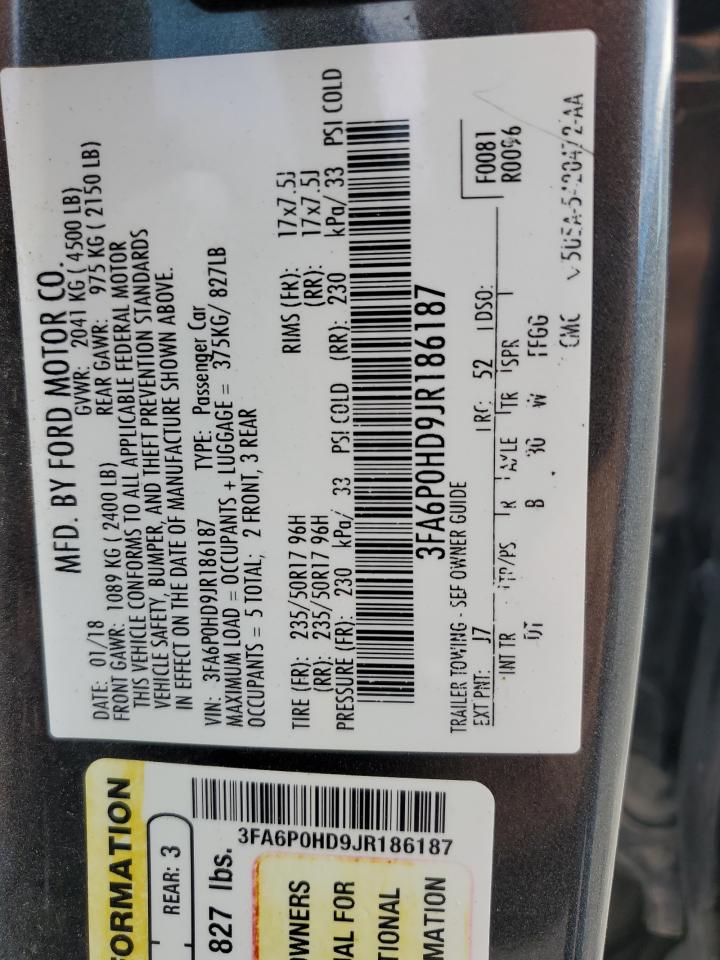 2018 Ford Fusion Se VIN: 3FA6P0HD9JR186187 Lot: 87201605