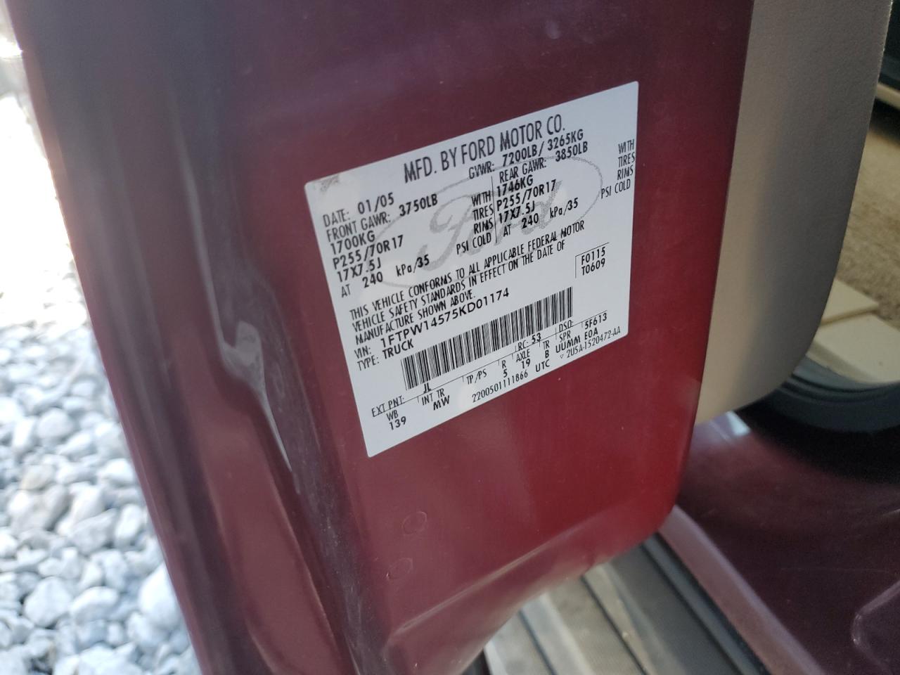 2005 Ford F150 Supercrew VIN: 1FTPW14575KD01174 Lot: 82456465