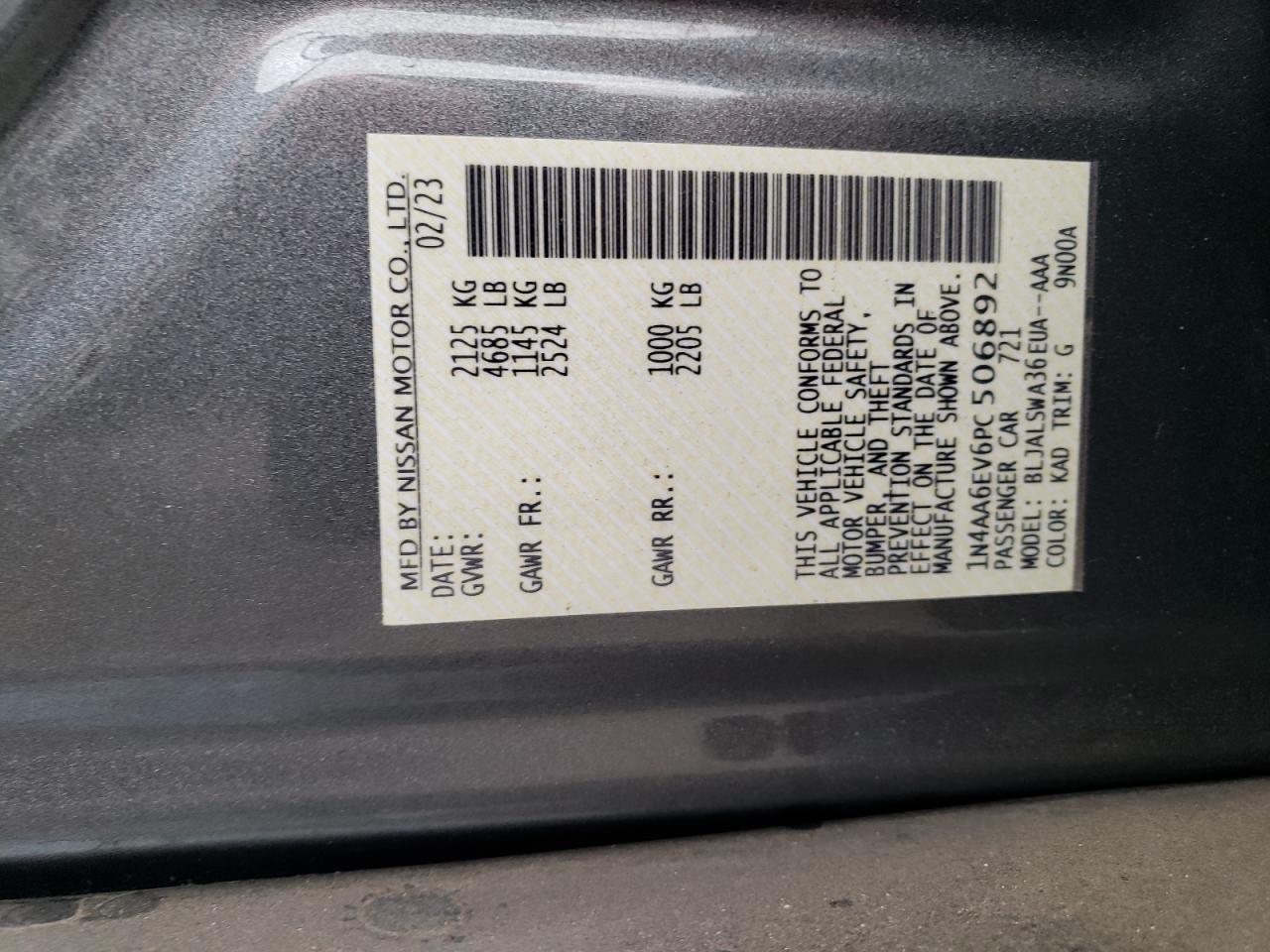 2023 Nissan Maxima Sr VIN: 1N4AA6EV6PC506892 Lot: 84937765