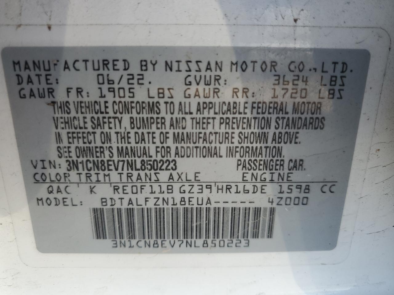 2022 Nissan Versa Sv VIN: 3N1CN8EV7NL850223 Lot: 87359425