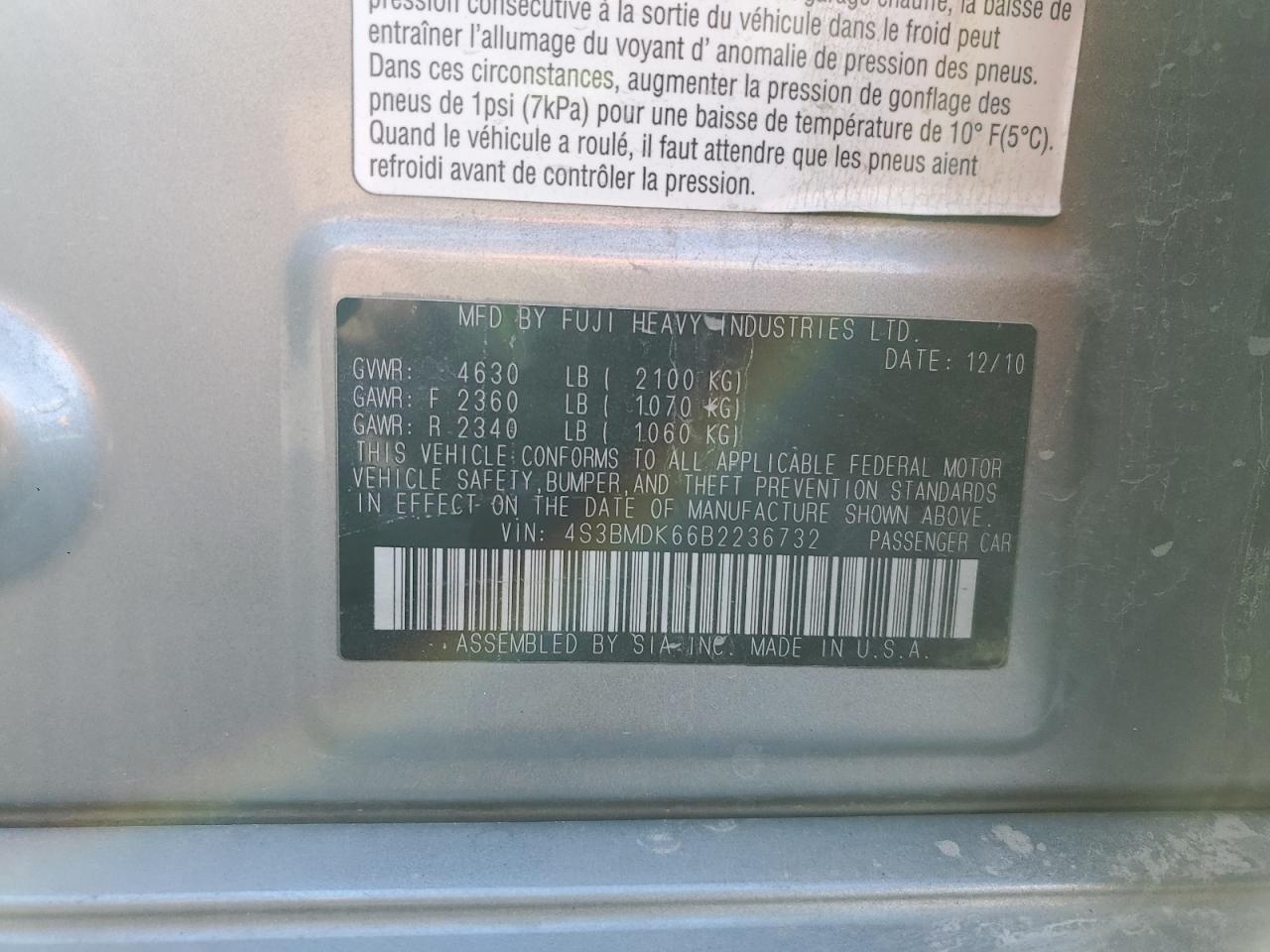 2011 Subaru Legacy 3.6R Limited VIN: 4S3BMDK66B2236732 Lot: 86465445